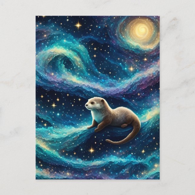 Cartão Postal Otter num Oceano Noturno Estrelado (Frente)