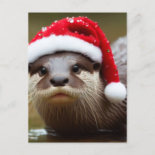 Cartão Postal Otter Santa Hat Adorável
