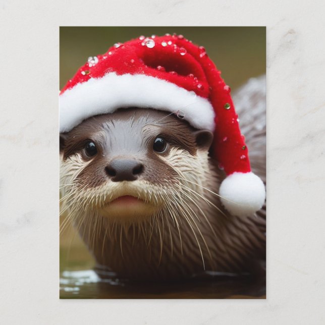 Cartão Postal Otter Santa Hat Adorável (Frente)