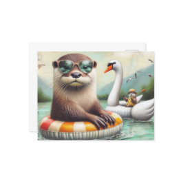 Cartão Postal Otters em uma viagem flutuante