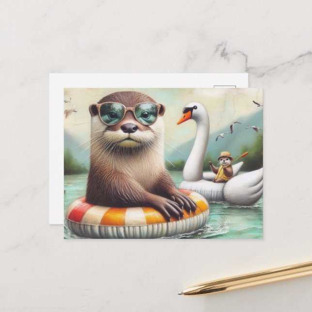 Cartão Postal Otters em uma viagem flutuante (Frente/Verso In Situ)