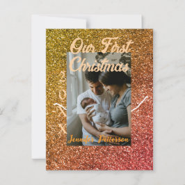 Cartão Postal Our first Christmas orange red glitter photo year