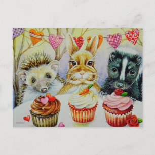 Cartão Postal ouriço Coelho Gambá & Cupcakes Arte em Aquarela