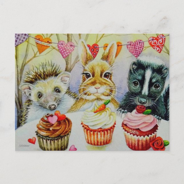 Cartão Postal ouriço Coelho Gambá & Cupcakes Arte em Aquarela (Frente)