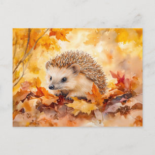 Cartão Postal Ouriço em folhas de outono pintura em aquarela