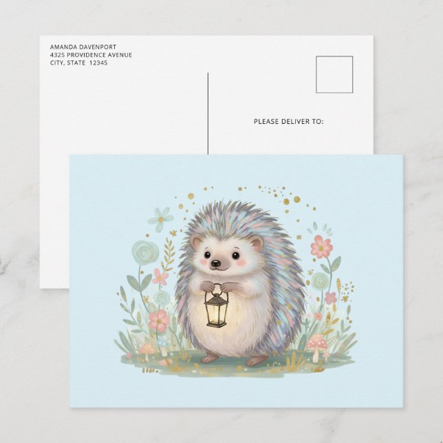 Cartão Postal ouriço fofo com lanterna (Frente/Verso)