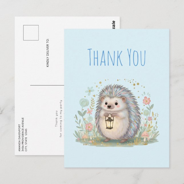 Cartão Postal Ouriço Fofo com Lanterna Obrigado (Frente/Verso)