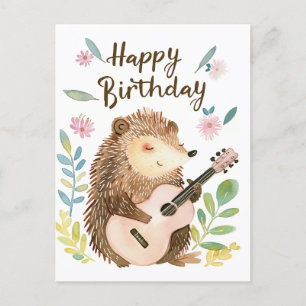 Cartão Postal Ouriço Fofo tocando Guitarra de Aniversário