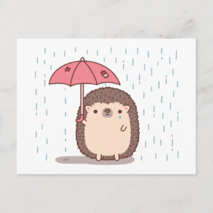Cartão Postal ouriço triste segurando guarda-chuva na chuva