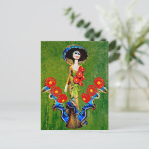Cartão Postal Ouro Azul Antiquado Catrina Sobre Boho Lavado Verd