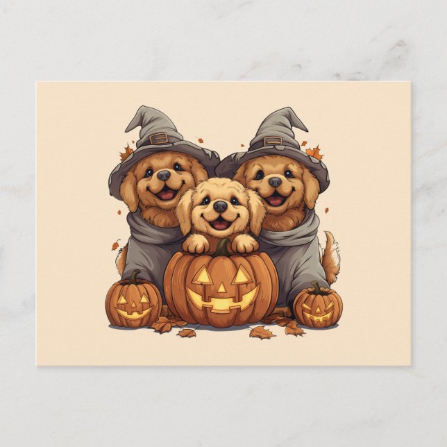 Cartão Postal Ouro de Halloween Cães de Retriever Jack O Lantern (Frente)