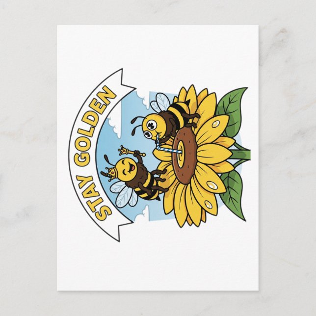 Cartão Postal Ouro de permanência - Ilustração de abelha e flor (Frente)