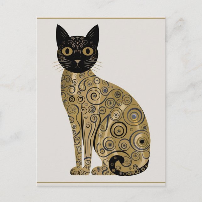 Cartão Postal Ouro Decorativo Gustav Klimt Estilo preto de Gato (Frente)