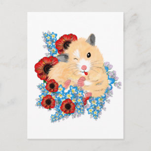 Cartão Postal Ouro engraçado hamster sírio sentado em flores