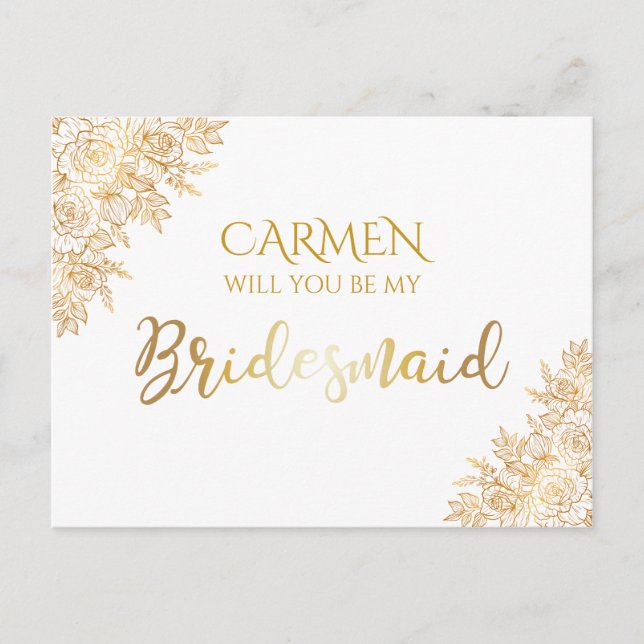 Cartão Postal Ouro Floral Decorative Bridesmaid (Frente)