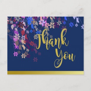 Cartão Postal Ouro Floral Obrigado Casamento Vintage Azul Naval