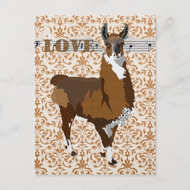 Cartão postal ouro Llama Love Damask (Frente)