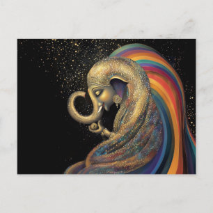 Cartão Postal Ouro Lord Ganesha Colorida Arco-Íris Dourado Negro