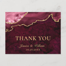 Cartão Postal Ouro moderno Burgundy Marble Weding Obrigado