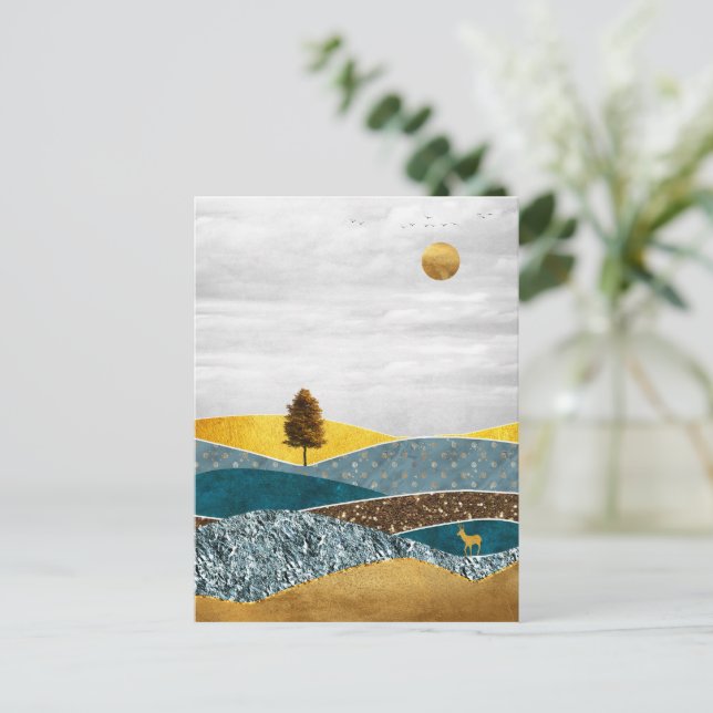 Cartão Postal Ouro paralelo com árvore e veado (Em pé/Frente)