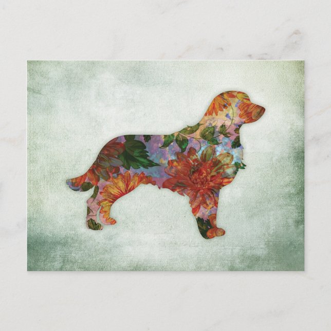 Cartão Postal Ouro Retriever Dog Floral Em Verde (Frente)
