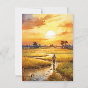 Cartão Postal Ouro Sunset Sobre Campos De Arroz Rural