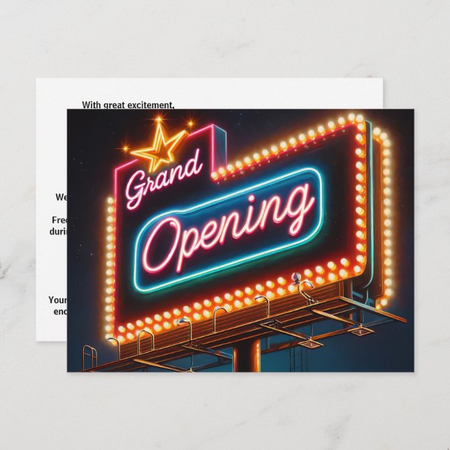 Cartão Postal Outdoor Neon Grand Open Para Novos Negócios (Frente/Verso)