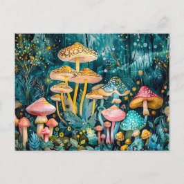 Cartão Postal Outono em uma Aquarela Florestal de Cogumelo