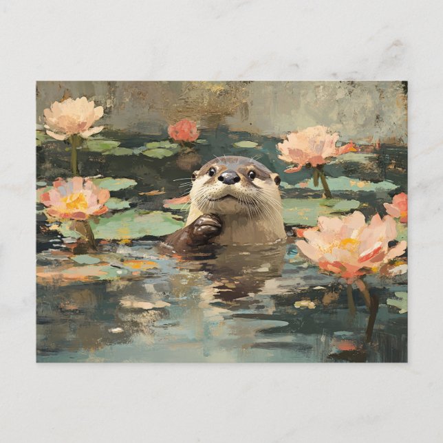 Cartão Postal Outra com pintura de Flores de Lotus (Frente)