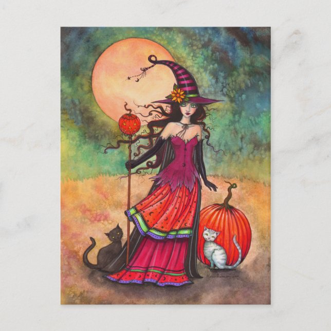 Cartão Postal Outubro Moon Witch Cat Halloween Fantasy Art (Frente)