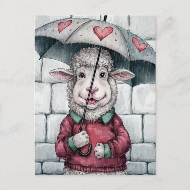 Cartão Postal Ovelha Fofa Com Guarda-Chuva (Frente)