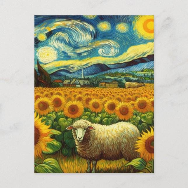 Cartão Postal Ovelha no Estilo Van Gogh do Campo de Girassol (Frente)