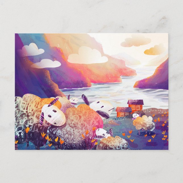 Cartão Postal Ovelhas bonitas nas montanhas perto do lago (Frente)