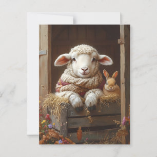 Cartão Postal Ovelhas e coelhos em celeiro com flores