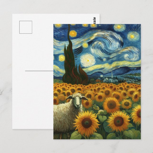 Cartão Postal Ovinos no Campo de Girassol Faux Van Gogh (Frente/Verso)
