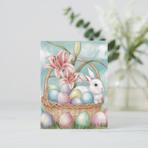 Cartão Postal Ovos de Aquarela e Pastel de Lírio com Coelho na C