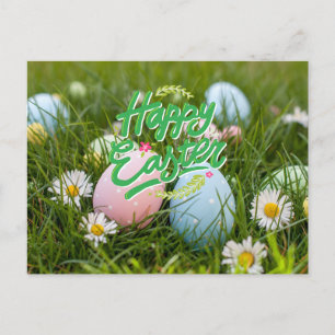Cartão Postal Ovos e Flores Pintados Coloridos de felzs pascoa