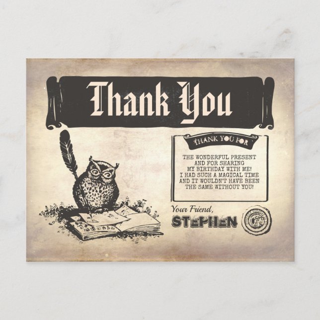 Cartão Postal Owl Birthday Magical Obrigado (Frente)