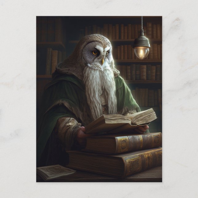 Cartão Postal Owl Librarian Fantasy Art (Frente)