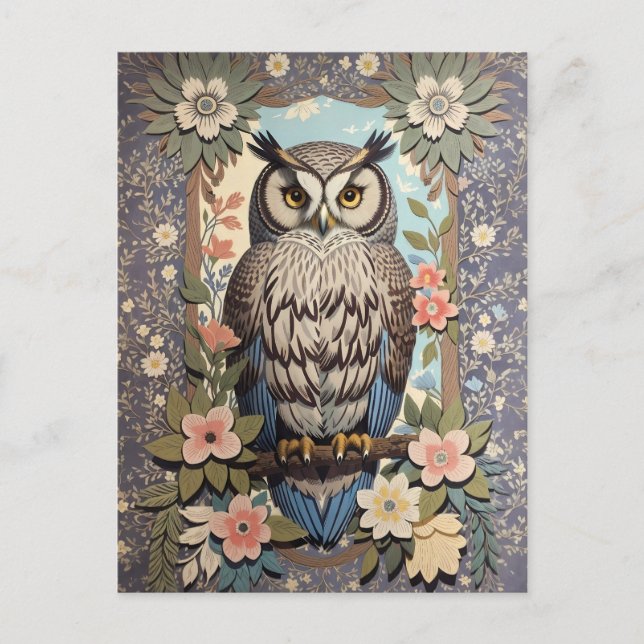 Cartão Postal Owl Pastel Floral William Morris Inspirado (Frente)
