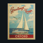 Cartão Postal Oxford Sailboat Viagens vintage Maryland<br><div class="desc">Esta viagens vintage náutica de design de Oxford Maryland apresenta um barco navegando na água com gaivotas e um céu azul cheio de lindas nuvens brancas puffy.</div>