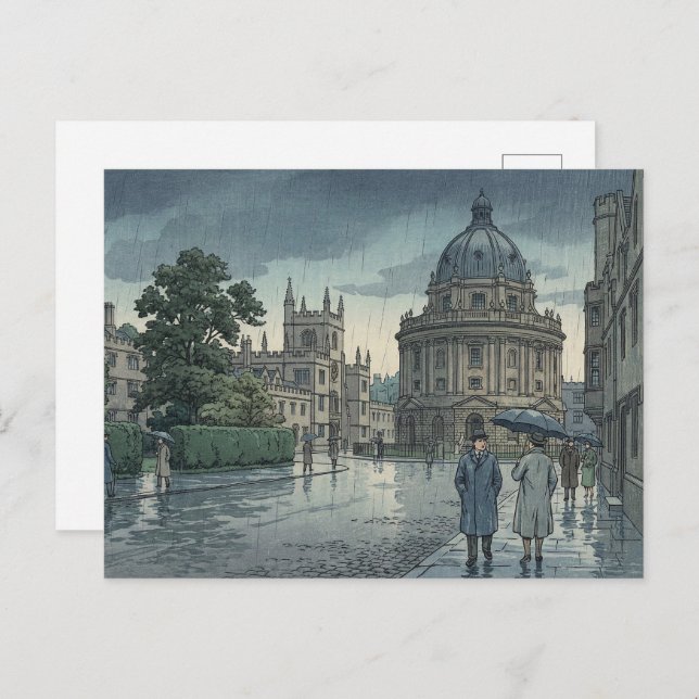Cartão Postal Oxford University in Rain Japanese Woodblock Print (Frente/Verso)