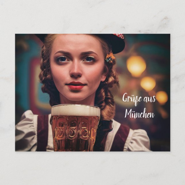 Cartão Postal O'Zapft é! Frau im Dirndl mit Bier. München Wiens (Frente)