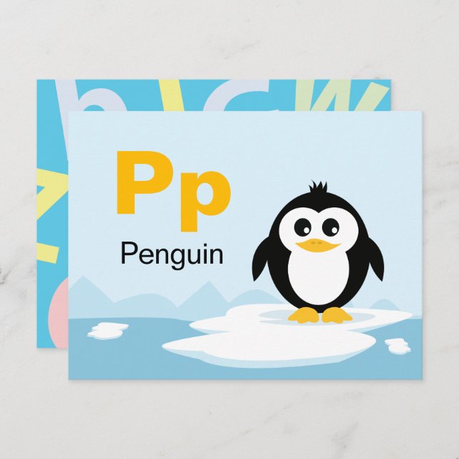 Cartão Postal P é para Pinguin - Placa Flash Alfabet (Frente/Verso)