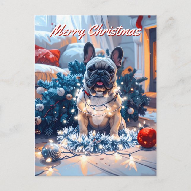 Cartão Postal Pacote de Bulldog Francês de Natal Plano (Frente)