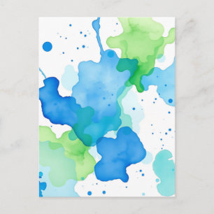 Cartão Postal Padrão Abstrato de Aquarela Azul Verde