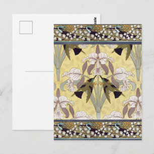 Cartão Postal Padrão Art Nouveau de Orquídea Beija-Flor Vintage