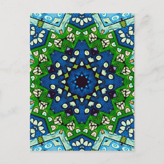 Cartão Postal Padrão Azul Verde-Mosaico Mandala Retro (Frente)