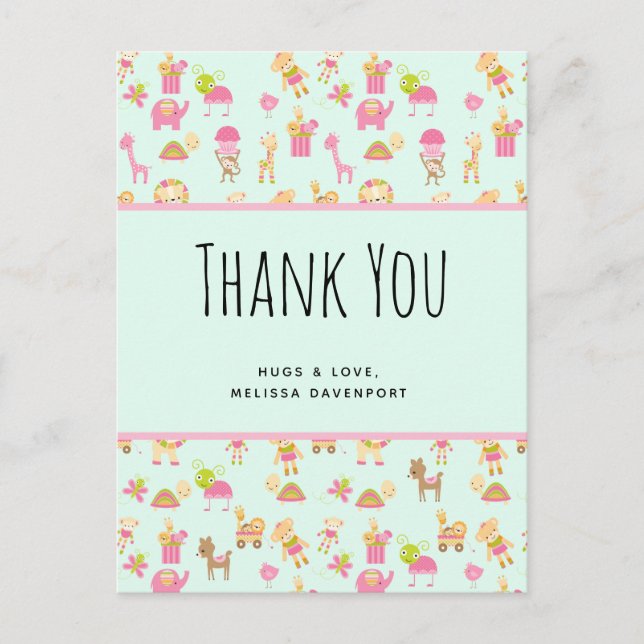 Cartão Postal Padrão bonito com animais e brinquedos agradecimen (Frente)