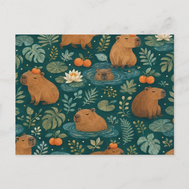 Cartão Postal Padrão Botânico de Capivara Fofa (Frente)